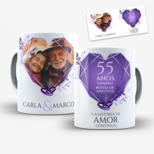 arte para caneca bodas de ametista 55 anos de casados com foto, coração em tons de ametista, desenho de alianças, espaço para nomes do casal e moldura para foto