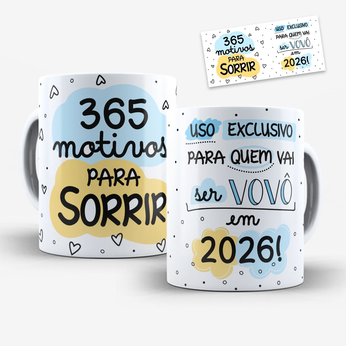 Arte para caneca 365 motivos uso exclusivo de quem vai ser vovó e vovô com corações e formas em cores suaves e espaço para personalizar o ano