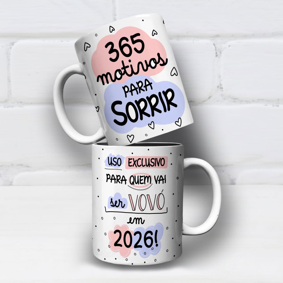 Arte para caneca 365 motivos uso exclusivo de quem vai ser vovó e vovô com corações e formas em cores suaves e espaço para personalizar o ano