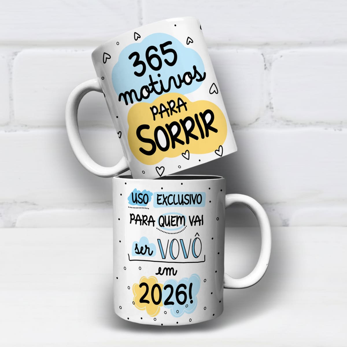 Arte para caneca 365 motivos uso exclusivo de quem vai ser vovó e vovô com corações e formas em cores suaves e espaço para personalizar o ano