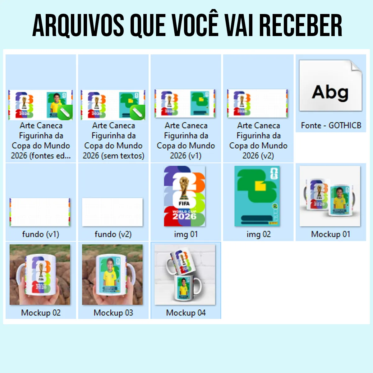 arquivos da arte para caneca figurinha copa do mundo 2026 com moldura personalizável para foto, nome, time e dados, estilo álbum colecionável, visual colorido