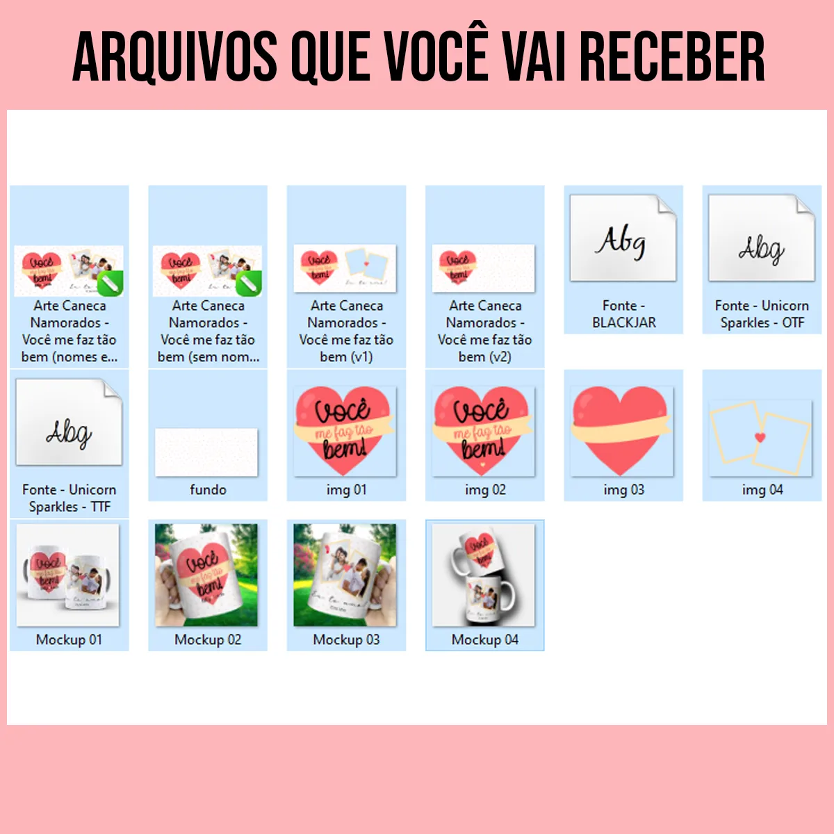 arquivos da arte para caneca namorados você me faz tão bem com coração rosado, fundo claro, corações suaves e espaço para fotos, data e nomes do casal