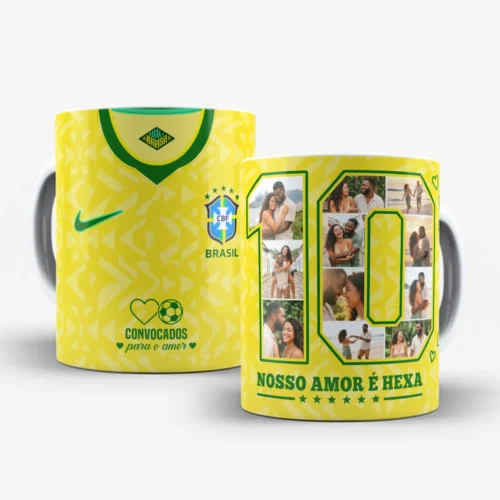 arte para caneca dia dos namorados brasil com foto tema Nosso Amor é Hexa número 10 com 11 espaços para fotos do casal cores verde e amarelo