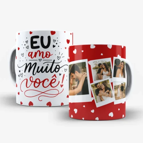 arte para caneca namorados eu amo muito você com frase em preto e vermelho, corações no fundo e espaço para 5 fotos do casal