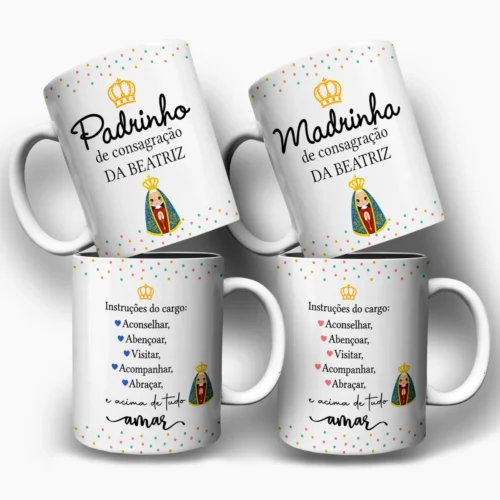 arte para caneca padrinhos de consagração nossa senhora com ilustração de Nossa Senhora, coroa dourada, espaço para nome e frases para padrinho e madrinha