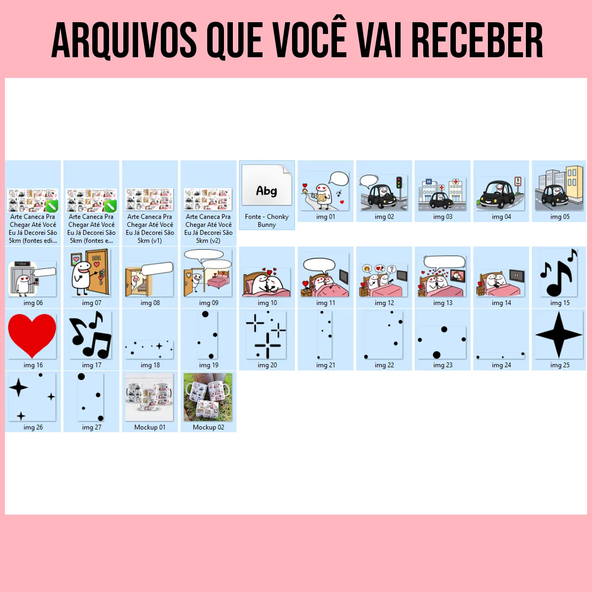 arquivos da arte para caneca e pra chegar até você eu já decorei são 5km com personagens Flork e frases românticas sobre percurso e encontro de casal
