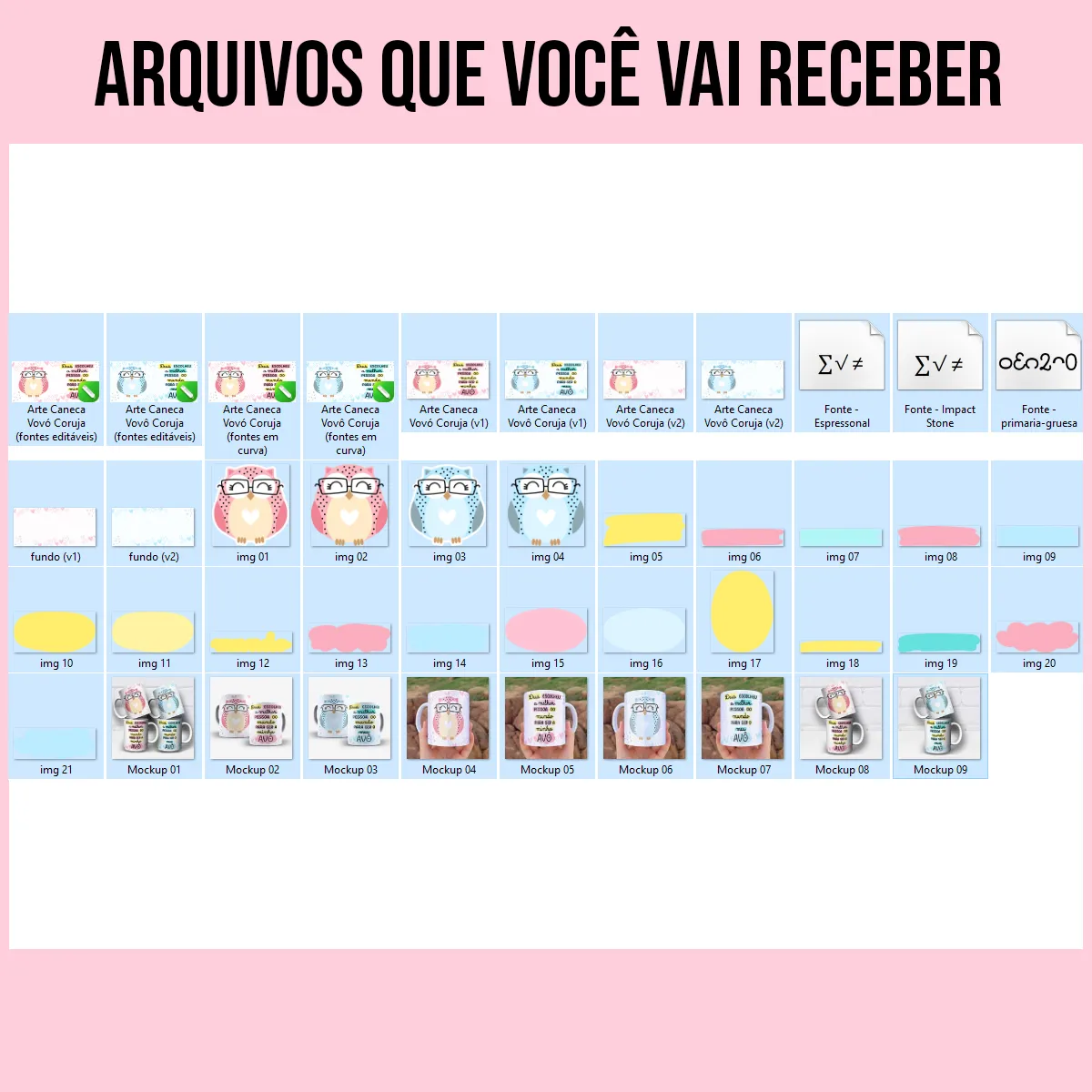 arquivos da arte para caneca vovó e vovô coruja com óculos e coração, versões rosa e azul, com frase de homenagem aos avós