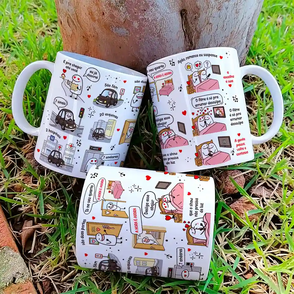 arte para caneca e pra chegar até você eu já decorei são 5km com personagens Flork e frases românticas sobre percurso e encontro de casal