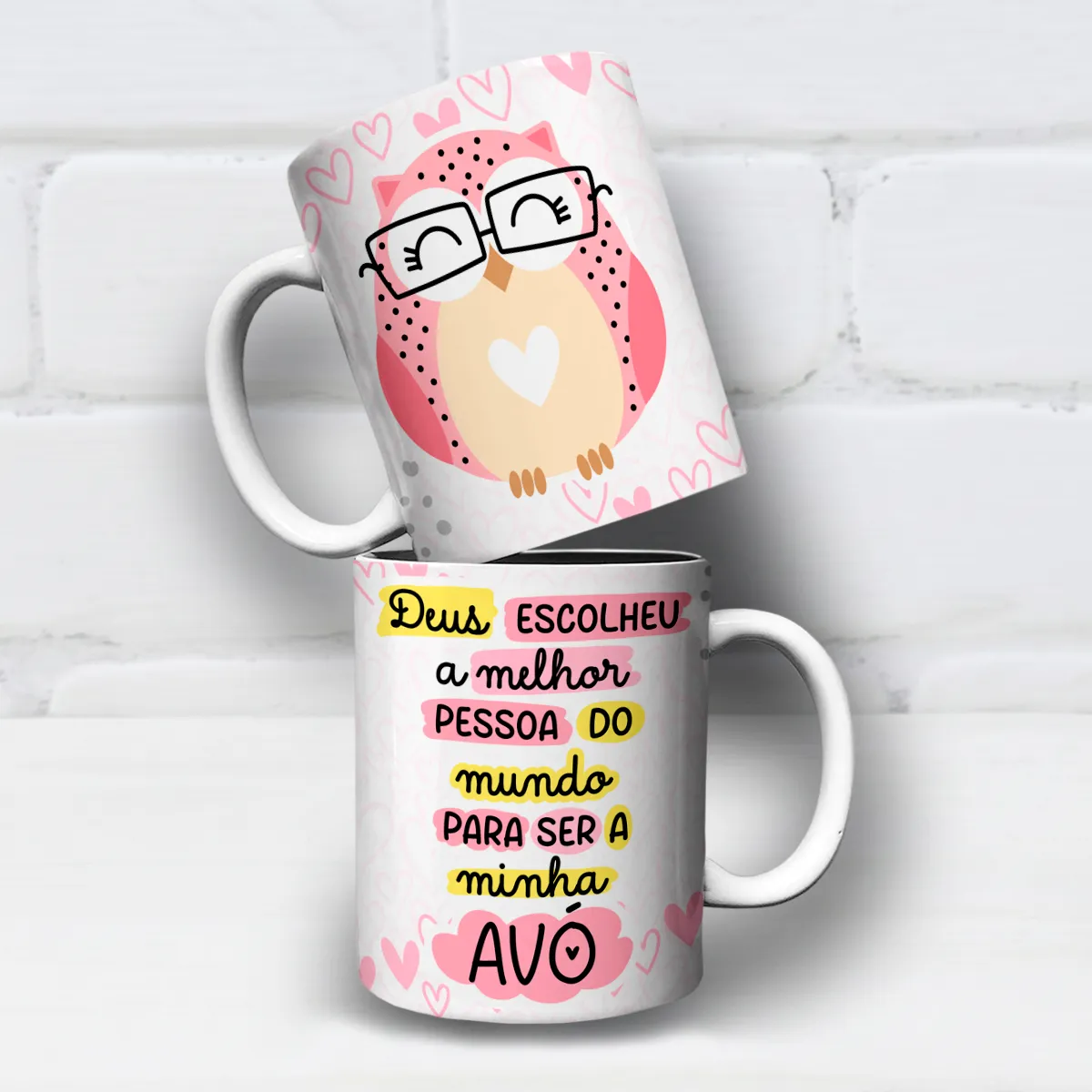 arte para caneca vovó coruja com óculos e coração, versão rosa, com frase de homenagem para as avós