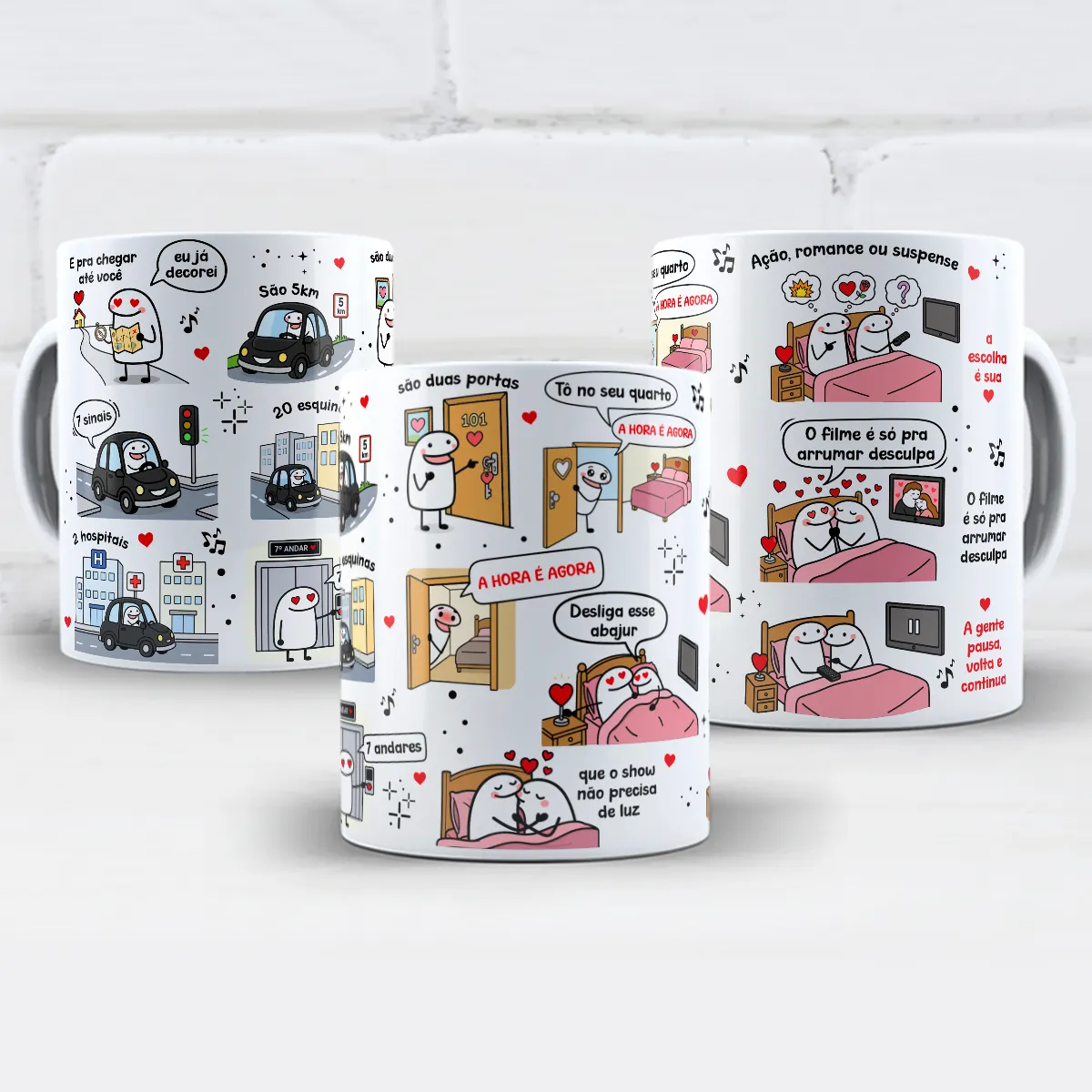 arte para caneca e pra chegar até você eu já decorei são 5km com personagens Flork e frases românticas sobre percurso e encontro de casal