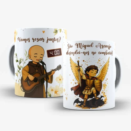 arte para caneca Frei Gilson e São Miguel Arcanjo Vamos Rezar Juntos: Frei Gilson toca violão às 4h com "Vamos rezar juntos?" e São Miguel Arcanjo com espada, escudo e asas