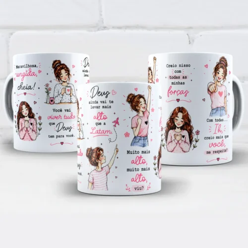 arte para caneca maravilhosa ungida cheia de deus amiga, com ilustrações de mulheres, flores, corações e mensagens de fé para uma amiga especial