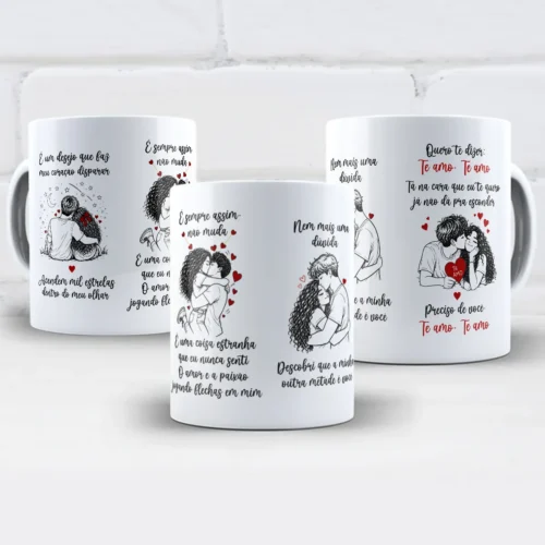 arte para caneca nem mais uma dúvida minha outra metade é você: casal abraçado, corações vermelhos ao redor, texto manuscrito com "Te amo" em destaque