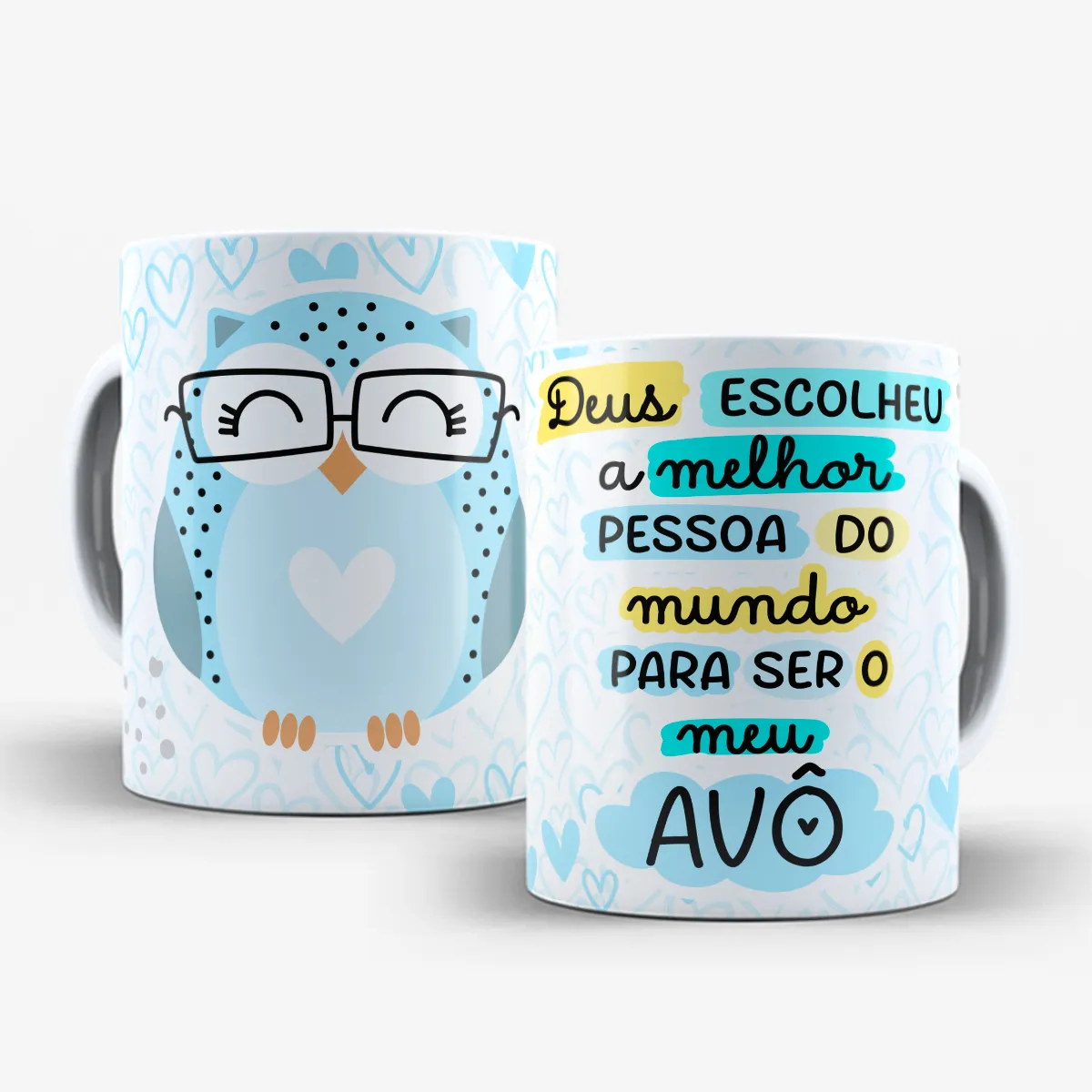 arte para caneca vovô coruja com óculos e coração, versão azul, com frase de homenagem para os avôs
