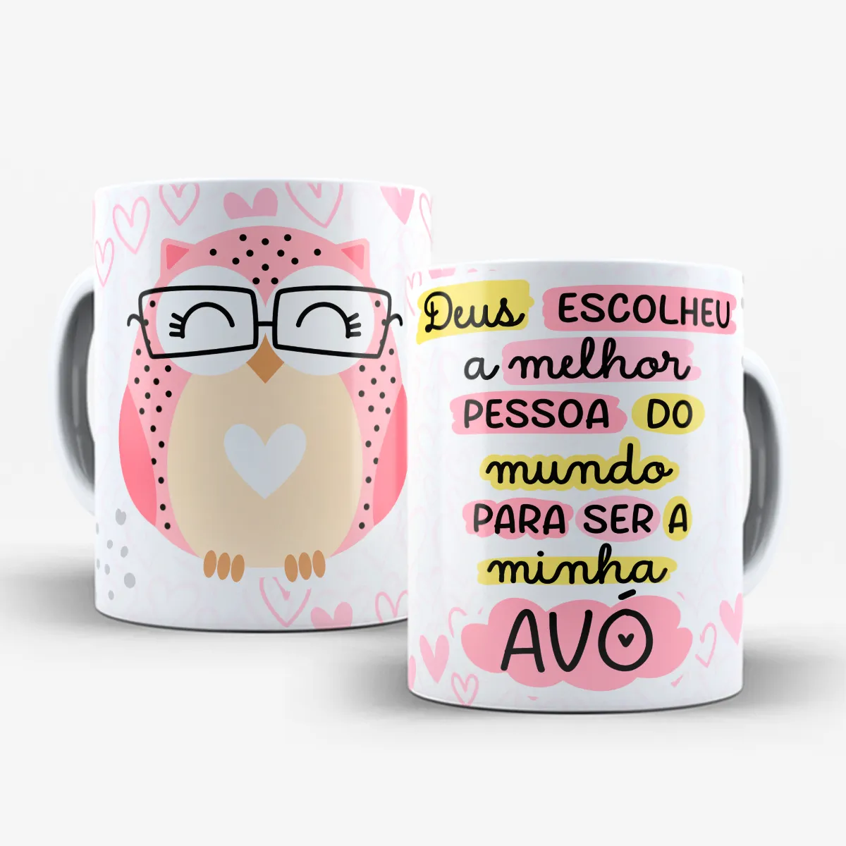 arte para caneca vovó coruja com óculos e coração, versão rosa, com frase de homenagem para as avós