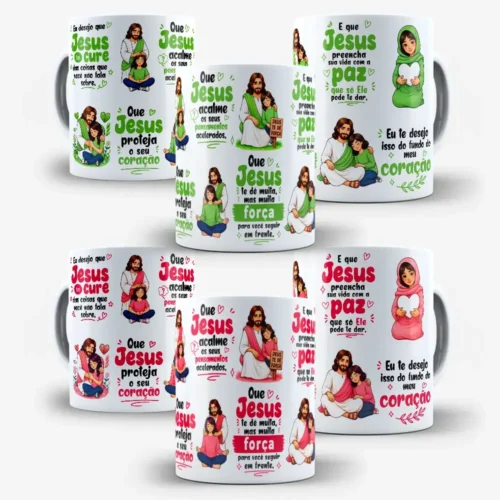 arte para caneca eu desejo que jesus te cure 2 versões em tons verde e vermelho, com ilustração de Jesus ao lado de uma menina e frase de fé e esperança
