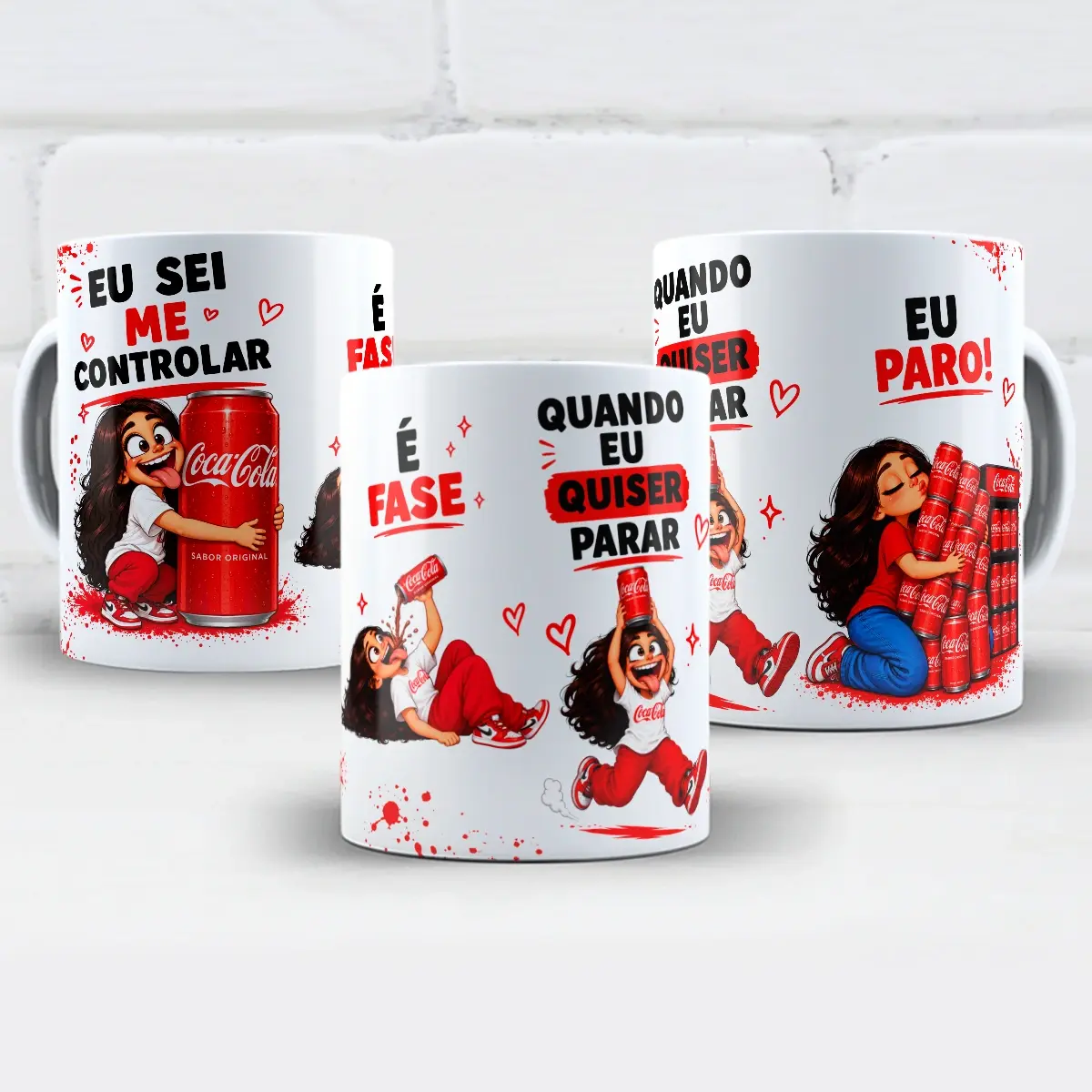 arte para caneca eu sei me controlar é fase coca cola menina com frases "Eu sei me controlar", "É fase" e "Quando eu quiser parar eu paro" ao lado de personagem feminina abraçada com uma lata de coca cola