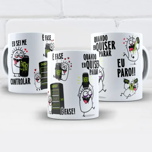 arte para caneca eu sei me controlar é fase energy flork com personagens Flork abraçando latas de energético ao lado das frases eu sei me controlar, é fase e quando eu quiser parar eu paro