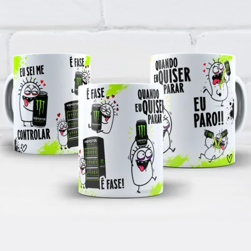 arte para caneca eu sei me controlar é fase monster flork com personagens abraçando latas de energético ao lado das frases eu sei me controlar, é fase e quando eu quiser parar eu paro