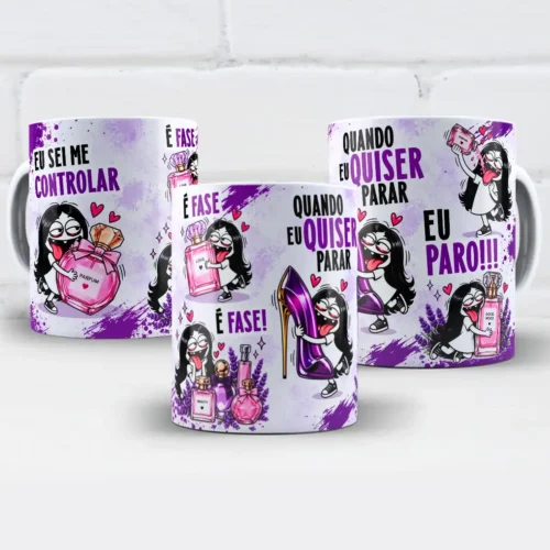 arte para caneca eu sei me controlar é fase perfume flork, com personagens Flork abraçando perfumes ao lado das frases "eu sei me controlar, é fase e quando eu quiser parar eu paro"