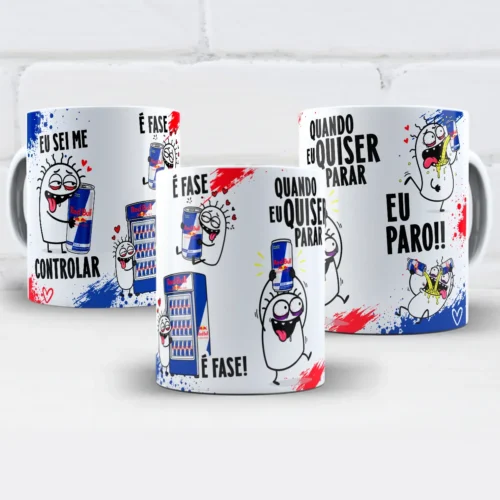 arte para caneca eu sei me controlar é fase red bull flork com personagens abraçando latas de energético ao lado das frases eu sei me controlar, é fase e quando eu quiser parar eu paro