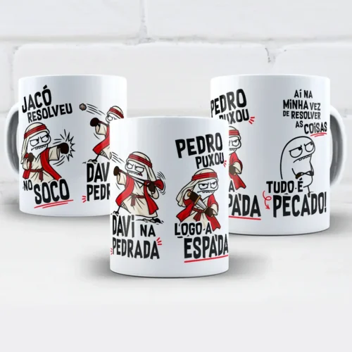 arte para caneca Jacó resolveu no soco Davi e Pedro Flork, com frases de humor bíblico e quatro personagens estilo Flork de turbante socando, arremessando pedra, empunhando espada e cara emburrada