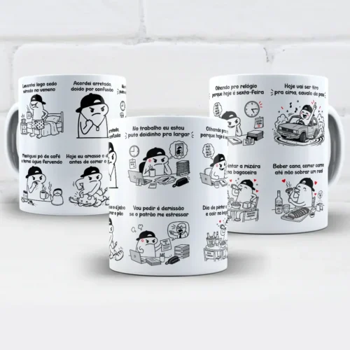 arte para caneca levantei logo cedo virado no veneno: Flork em 10 quadrinhos narrando a rotina do trabalhador com mau humor até a comemoração de sexta-feira