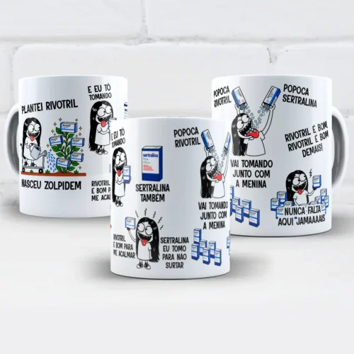 arte para caneca Plantei Rivotril Nasceu Zolpidem Flork Menina, com personagem regando plantas e segurando caixas de remédio, frases sobre calma e rotina